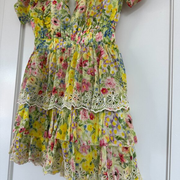 LoveShackFancy Aldina Mini Dress Sz Small Yellow Floral Print Tiered Ruffle - Picture 5 of 9